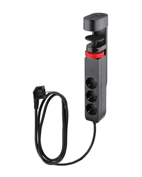 Skjøteledning 3-veis m/klemme, schuko, USB og bryter svart 1,4 m